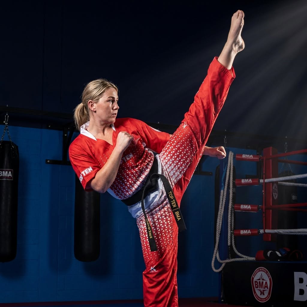 Bushido martial artist executing a high kick in the ring